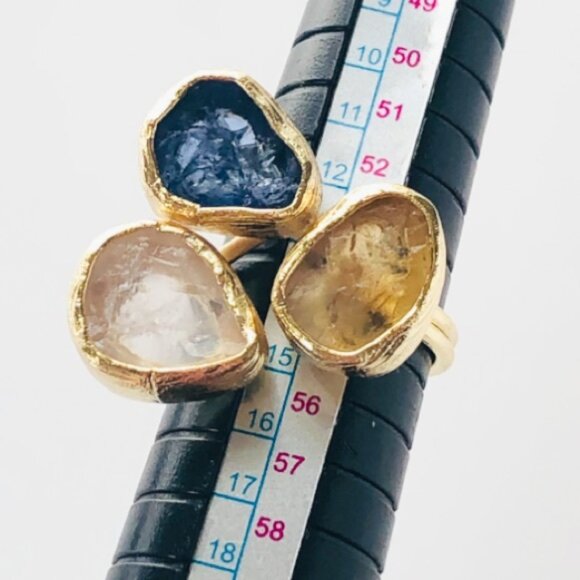 Gold Plated Rose Quartz Citrine Tanzanite Triple Stone Statement Ring - Picture 11 of 11